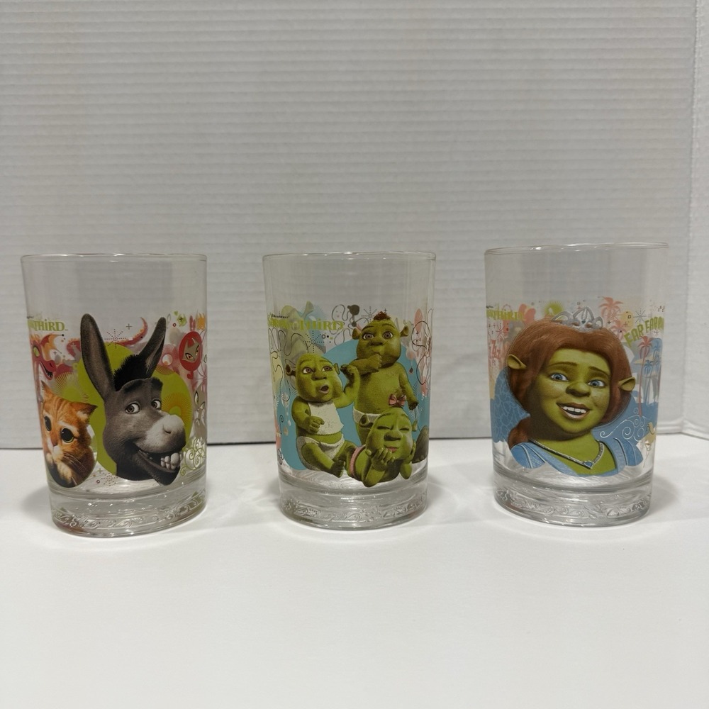 Shrek The Third McDonalds Set of 3 Collectible Glasses 2007 NEW Fiona Donkey - Picture 2 of 6
